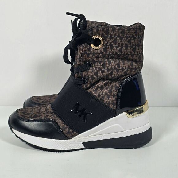 Michael Kors Liv Wedge Booties Womens 5 Black Brown‎ Monogram Soft Knit - Picture 2 of 12